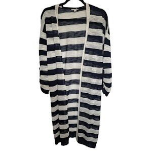 Cato Duster Kimono Sweater Blue White Large Wide Stripe 3/4 Roll Tab Sleeve